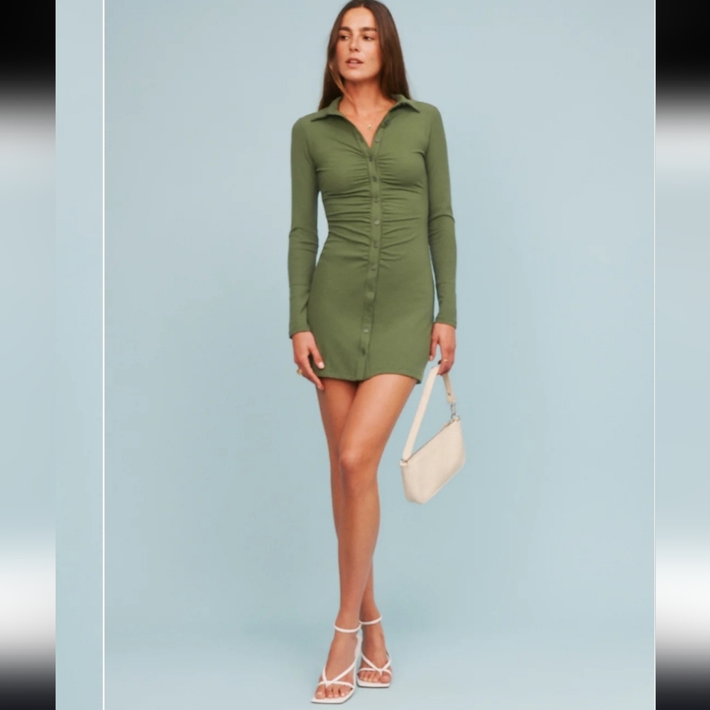 Reformation Amy Knit Dress Green Ribbed Button Front Mini Dress Size L NWT - Picture 2 of 7